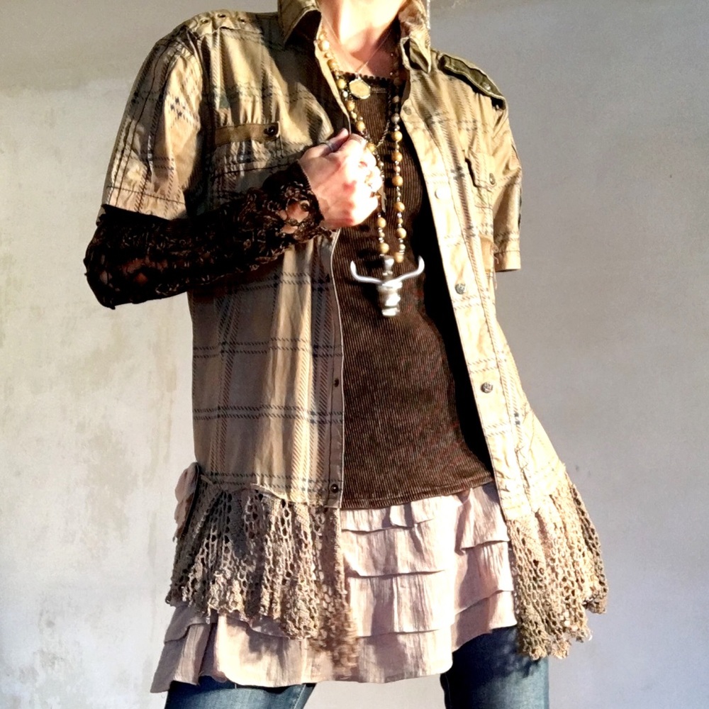 1ofAkind Grunge Gypsy country Altered Plaid Top Crochet crafted by vintage316